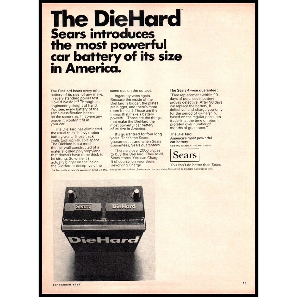 1967 Sears Die hard Car Battery Vintage Print Ad Minimalist Wall Art Photo